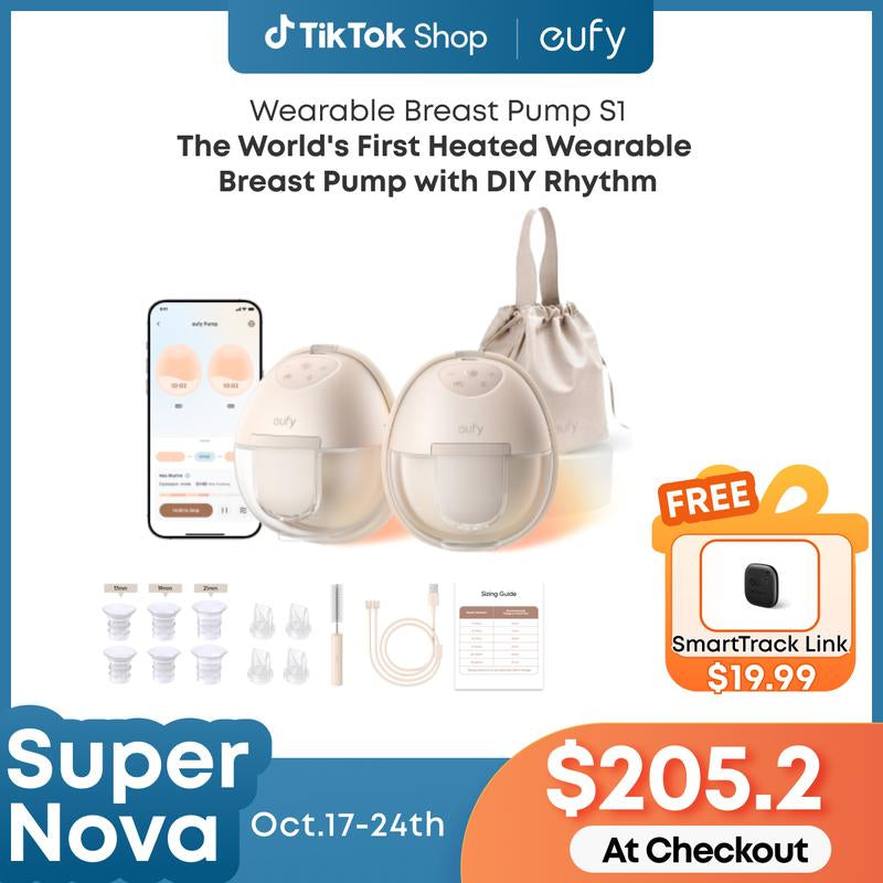 【Exclusive Bundle】Eufy S1 Heated Wearable Breast Pump, Hands-Free Breast Pump with Industry-Leading Heatflow Tech, App-Controlled Optirhythm, Hospital-Grade Suction, Leakproof, Slim and Ultra-Quiet for In-Bra Use